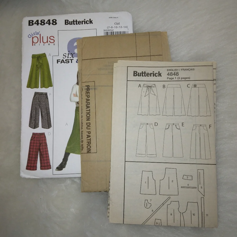 BUTTERICK B4848 Sz 7-14 Fast and Easy to Sew Gaucho Pants with variations